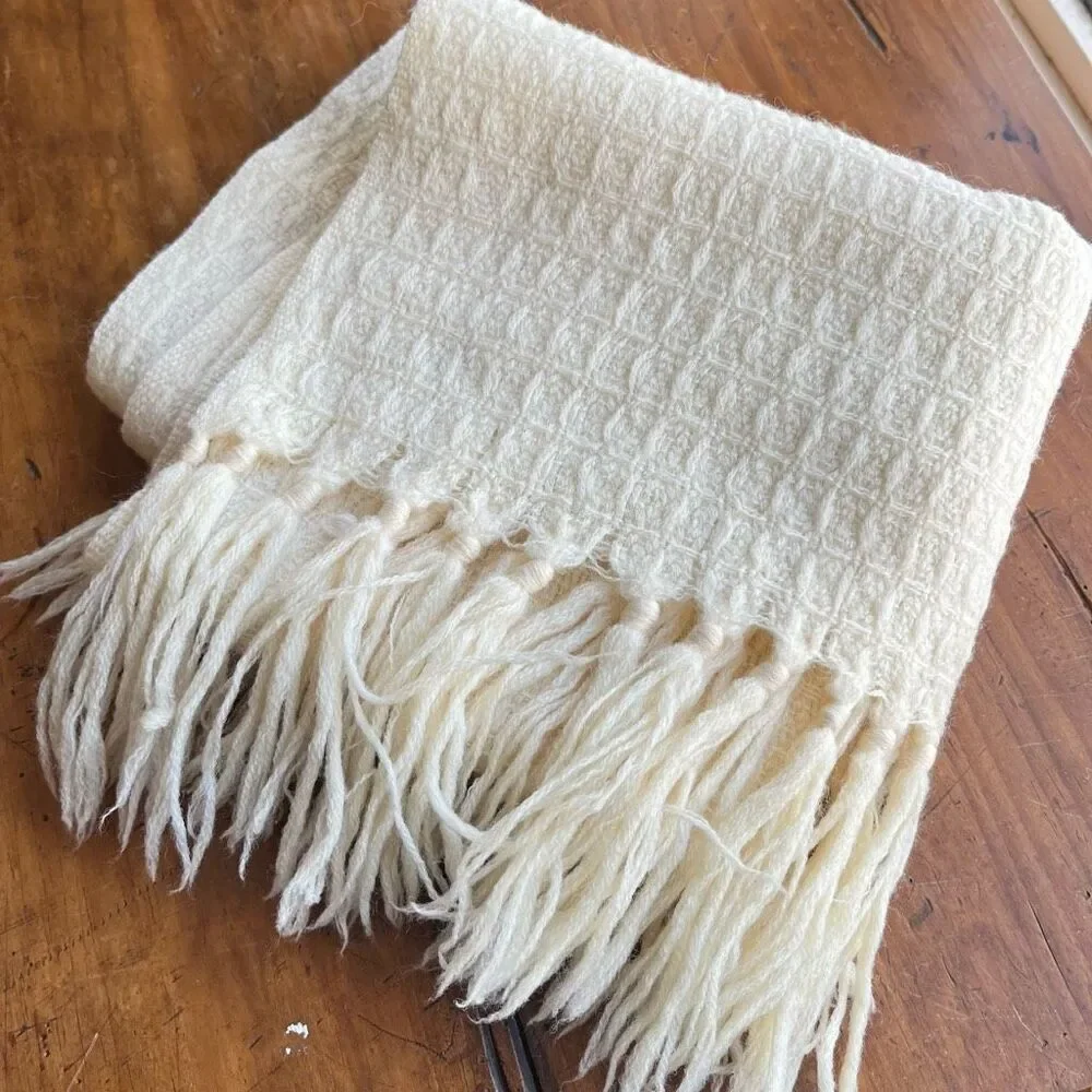 Vintage Cream Wool Woven Fringed Scarf Wrap 71
